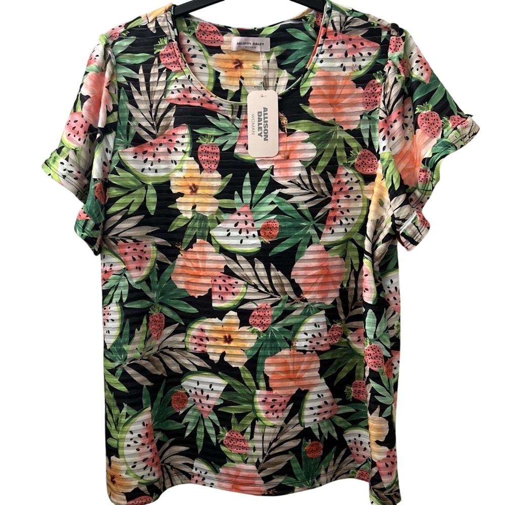 Allison Daley Womens Top Size Plus‎ 2X Tropical Fruit Short Ruffle Sleeve E27